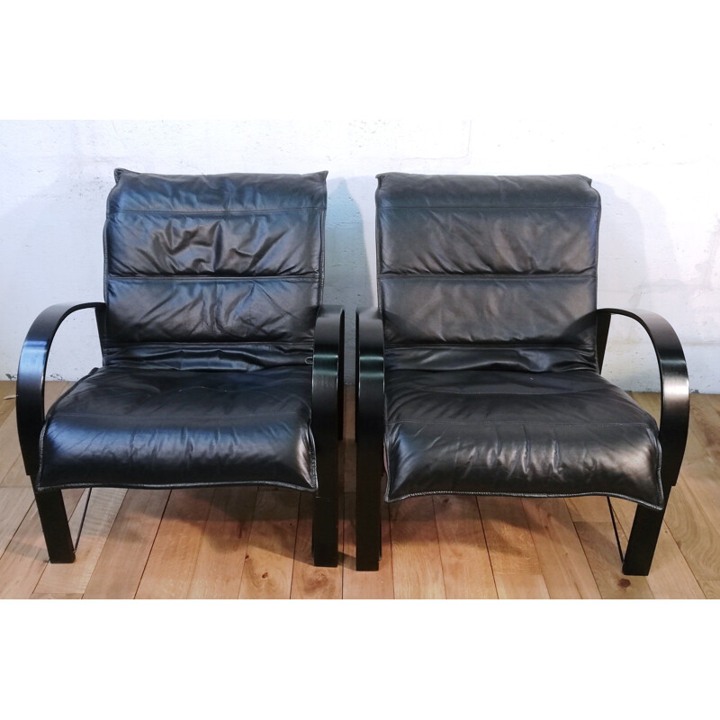 Pair of vintage leather armchairs by Tord Bjorklund for Polhem Ikea, 1981
