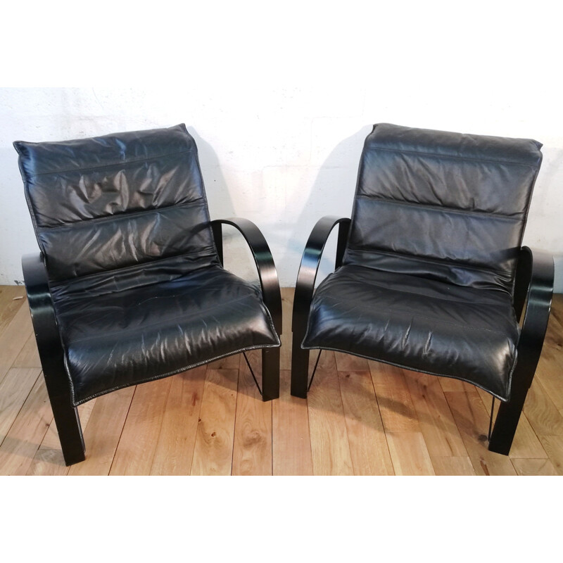 Pair of vintage leather armchairs by Tord Bjorklund for Polhem Ikea, 1981