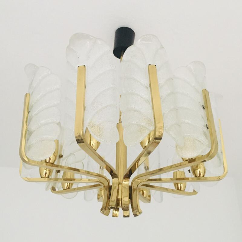 Scandinavian vintage chandelier in brass and 10 glass leaves by Carl Fagerlund for Orrefors, Sweden 1960