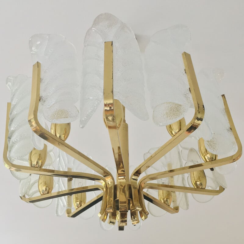 Scandinavian vintage chandelier in brass and 10 glass leaves by Carl Fagerlund for Orrefors, Sweden 1960