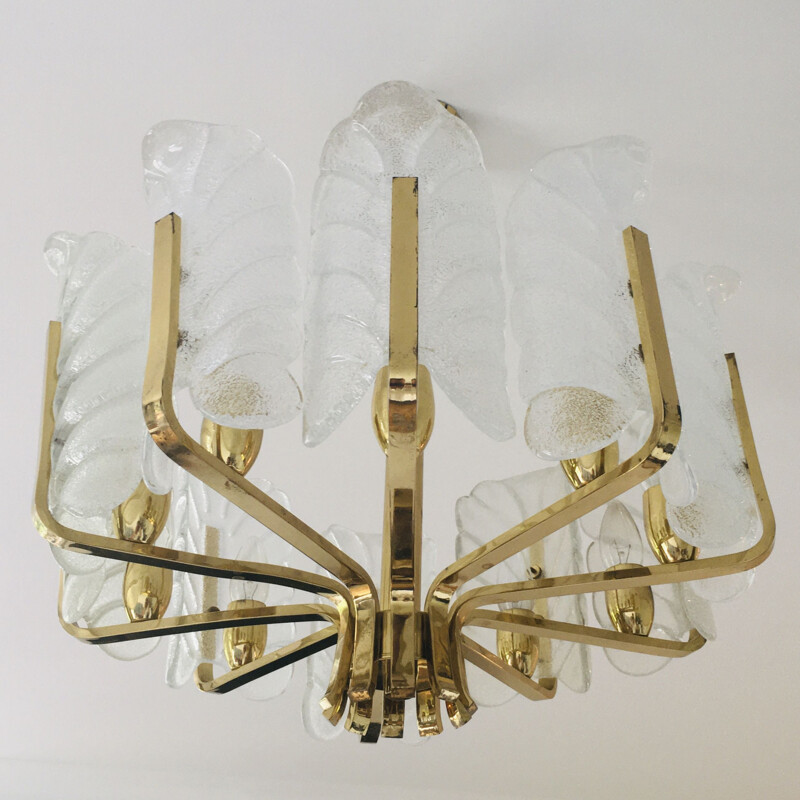 Scandinavian vintage chandelier in brass and 10 glass leaves by Carl Fagerlund for Orrefors, Sweden 1960