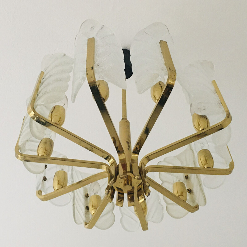 Scandinavian vintage chandelier in brass and 10 glass leaves by Carl Fagerlund for Orrefors, Sweden 1960