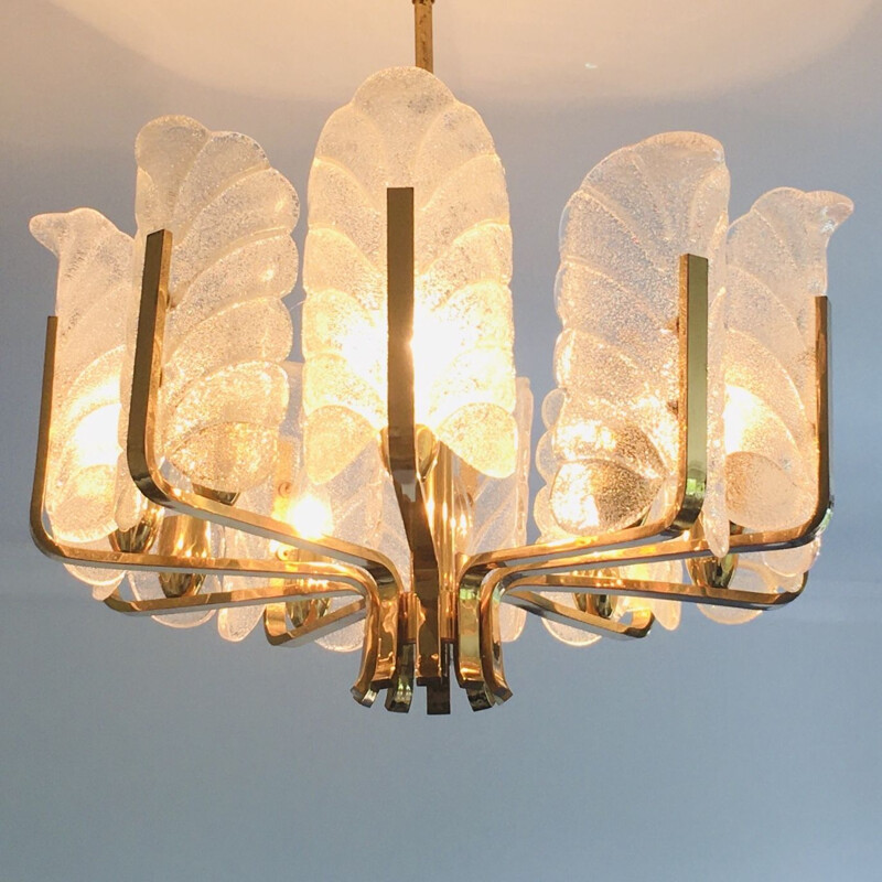 Scandinavian vintage chandelier in brass and 10 glass leaves by Carl Fagerlund for Orrefors, Sweden 1960