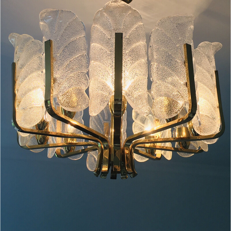 Scandinavian vintage chandelier in brass and 10 glass leaves by Carl Fagerlund for Orrefors, Sweden 1960