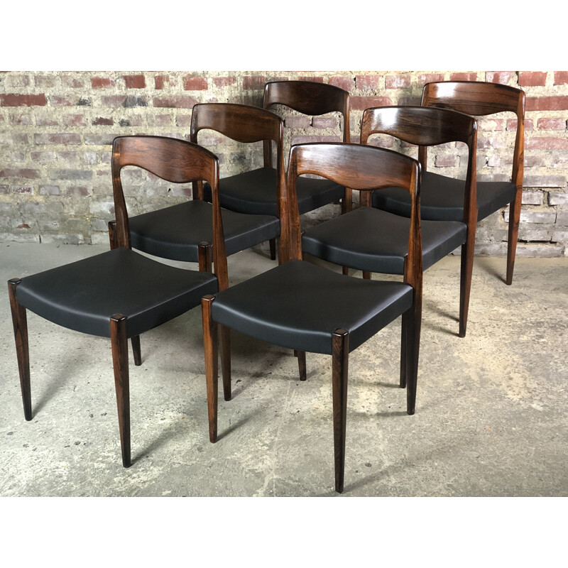 Set of 6 Scandinavian vintage chairs in rosewood and black leatherette by Arne Hovmand Olsen for J.L Møller