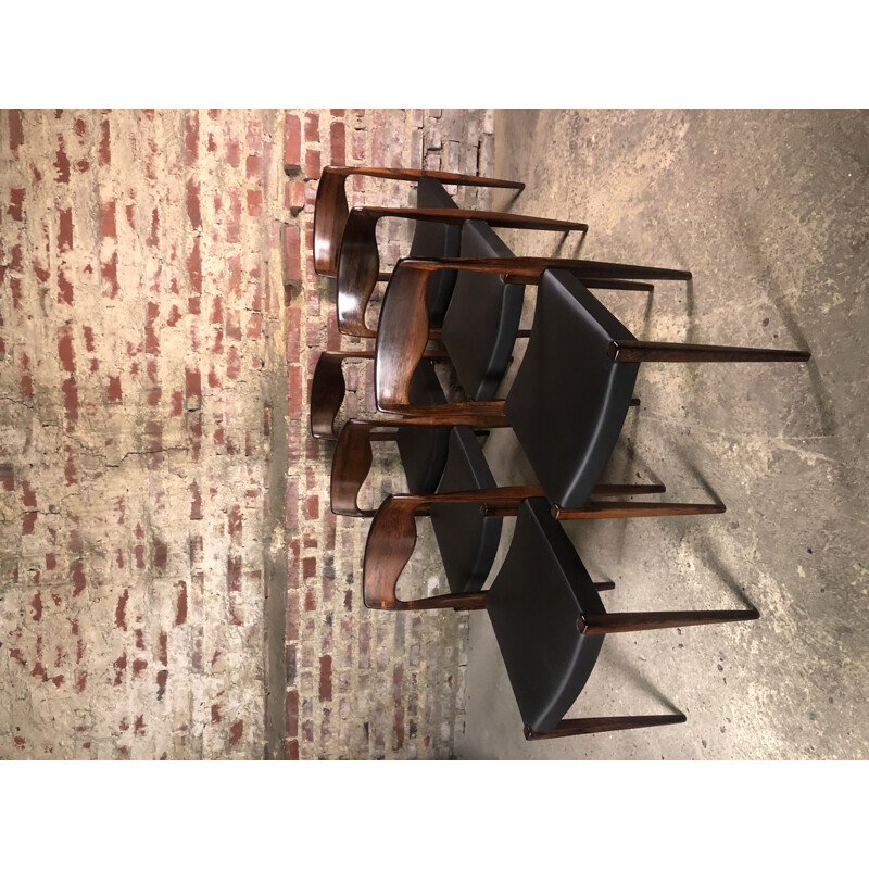 Set of 6 Scandinavian vintage chairs in rosewood and black leatherette by Arne Hovmand Olsen for J.L Møller