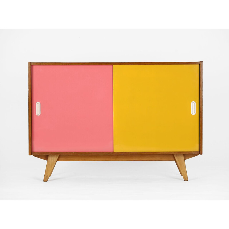 Mid century sideboard with yellow and pink sliding doors by Jiri Jiroutek for Interier Praha, Czechoslovakia 1960s