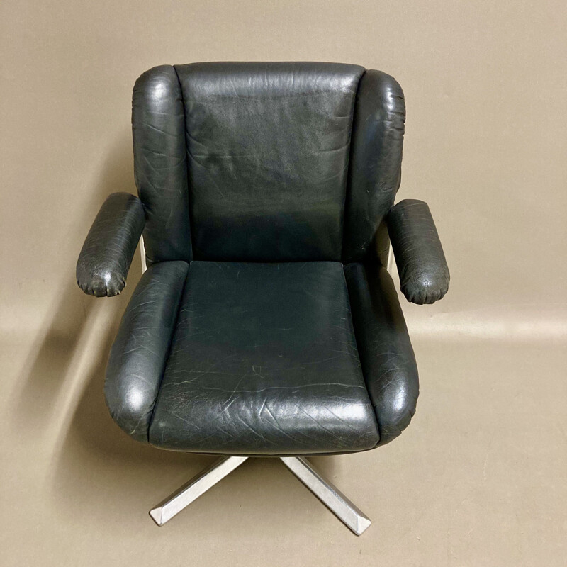 Fauteuil vintage en cuir noir et aluminium, 1960