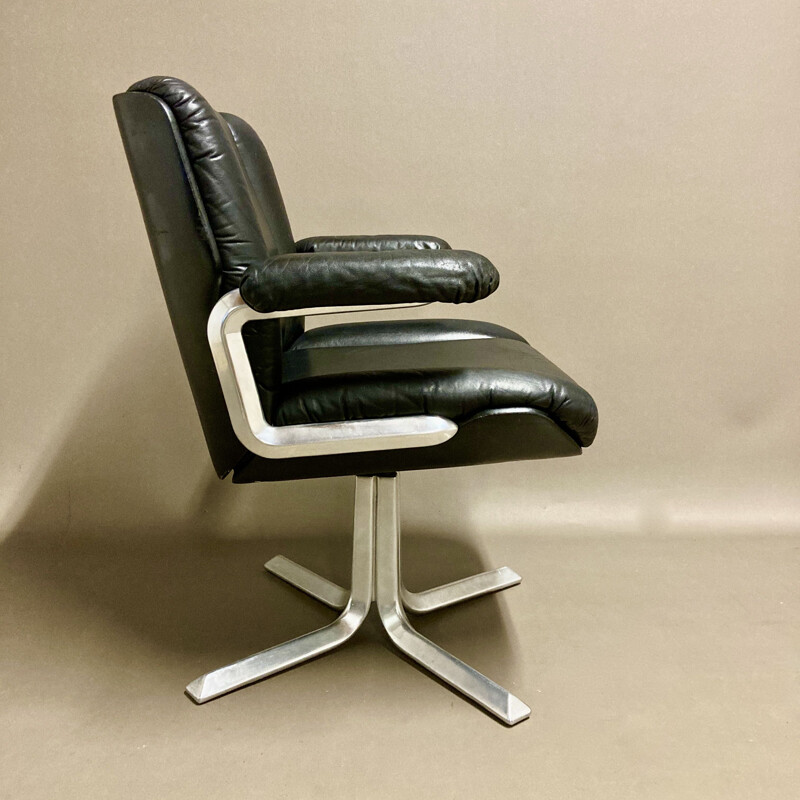 Vintage black leather and aluminium armchair, 1960