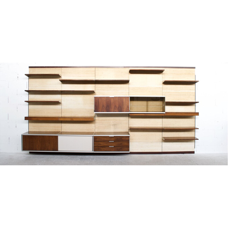 Parete modulare vintage in legno e rafia di Georges Frydman per Efa, 1970