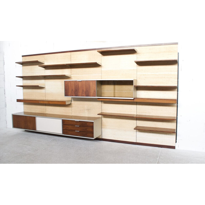 Sistema de parede modular Vintage em madeira e ráfia por Georges Frydman para Efa, 1970