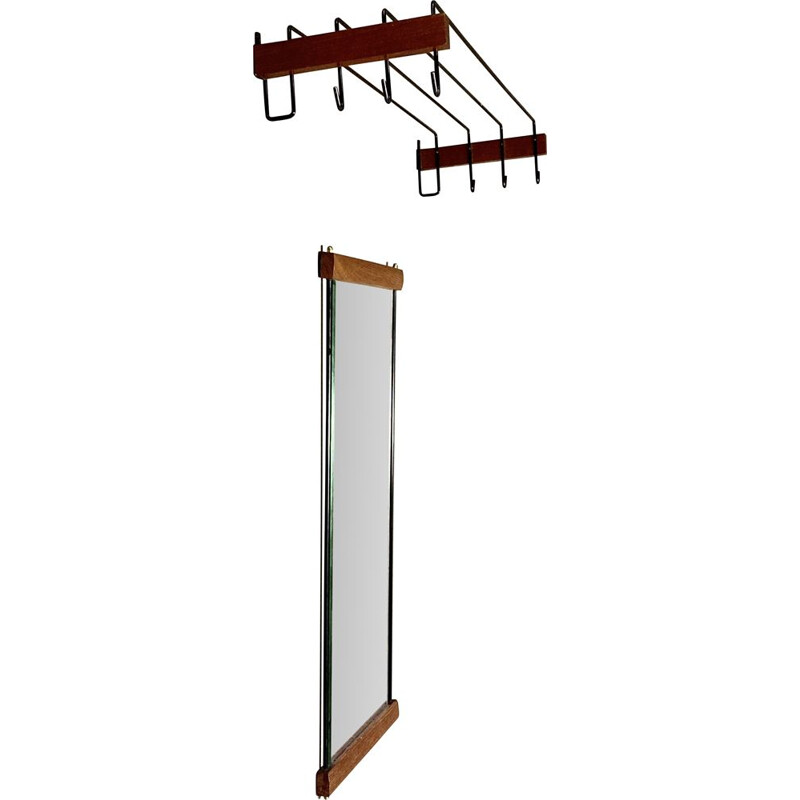 Vintage coat rack with teak mirror, 1950