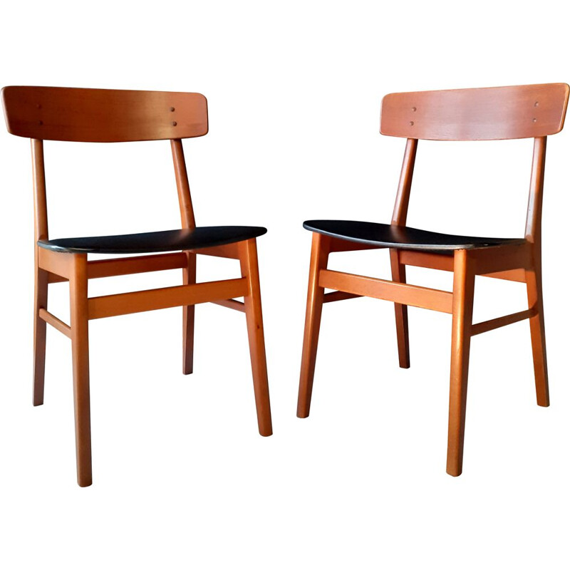 Pair of vintage Danish chairs in wood and black leatherette