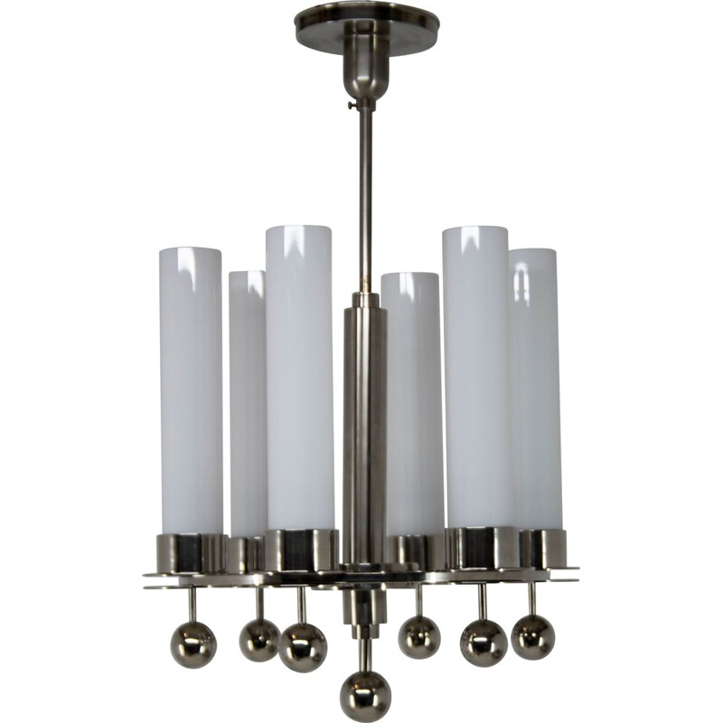 Vintage art deco tubular chandelier in opaline glass, 1930