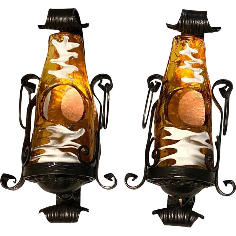 Pair of vintage Italian rustic Murano glass wall lamps, 1970s