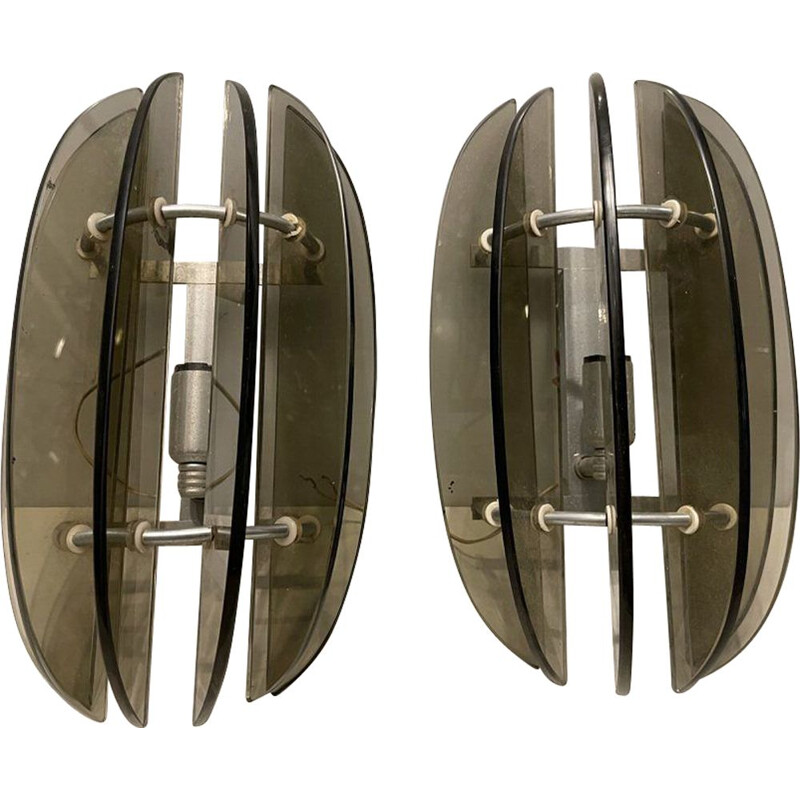 Pair of vintage smoked glass sconces by Veca, Italy 1970