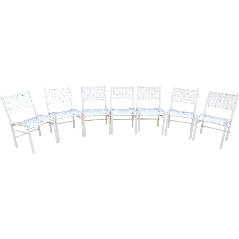 Set of 7 vintage Triconfort white woven chairs, 1980