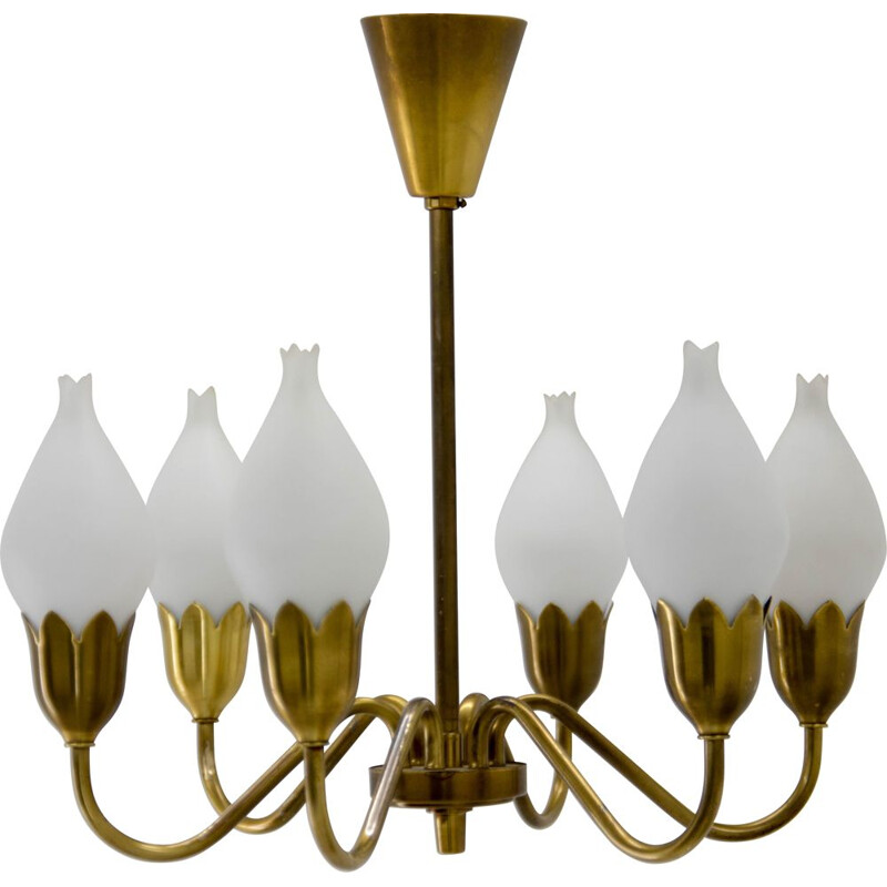 Brass and opaline glass vintage chandelier by Fog & Mørup, 1950s