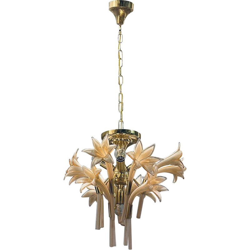 Italian vintage pink Murano glass flower chandelier, 1970s