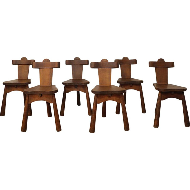 Set of 6 vintage Brutalist tripod chairs in solid wood, 1950