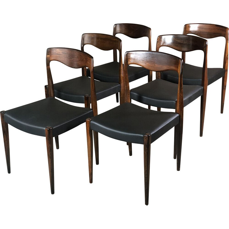 Ensemble de 6 chaises scandinave vintage en palissandre et simili cuir noir par Arne Hovmand Olsen pour J.L Møller