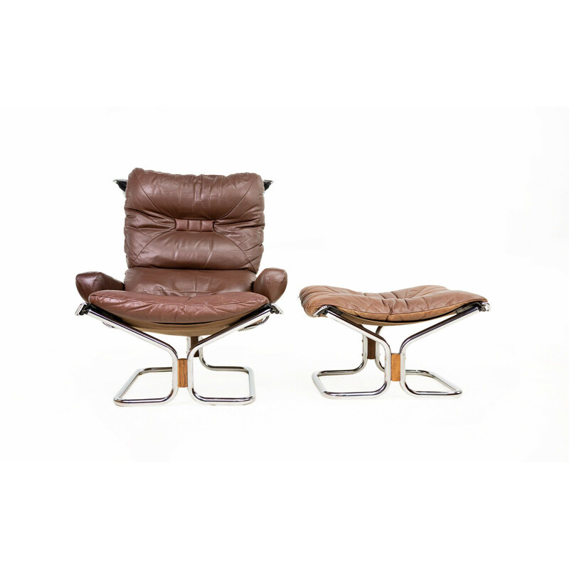 Mid century leather armchair & ottoman by Westnofa, Norway 1970