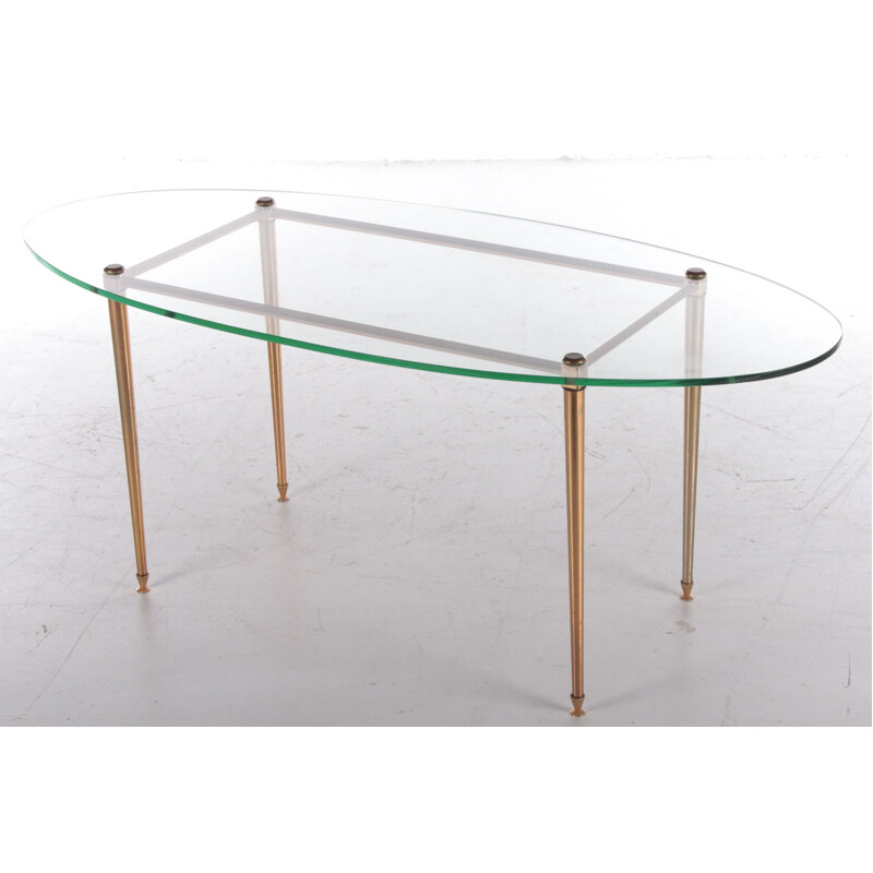 Vintage French coffee table oval shape in brass and glass, 1960