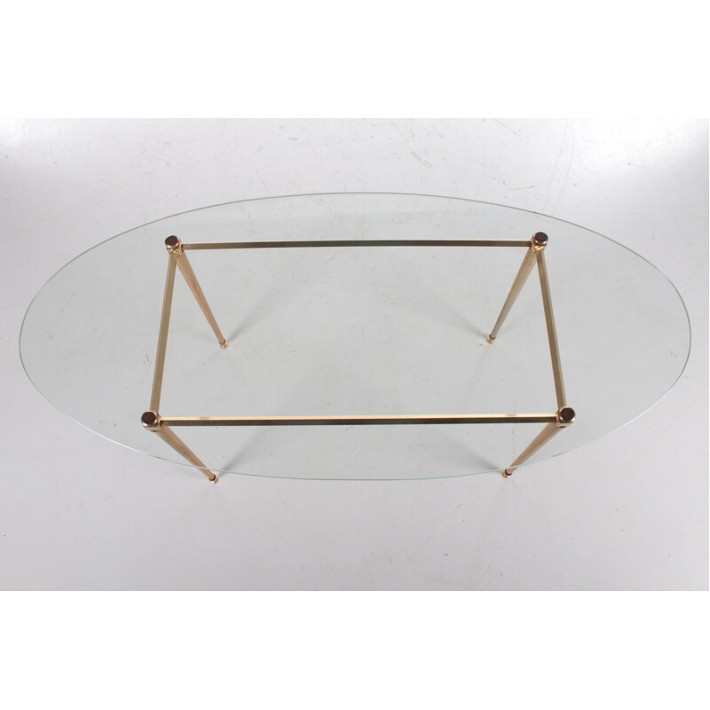 Vintage French coffee table oval shape in brass and glass, 1960