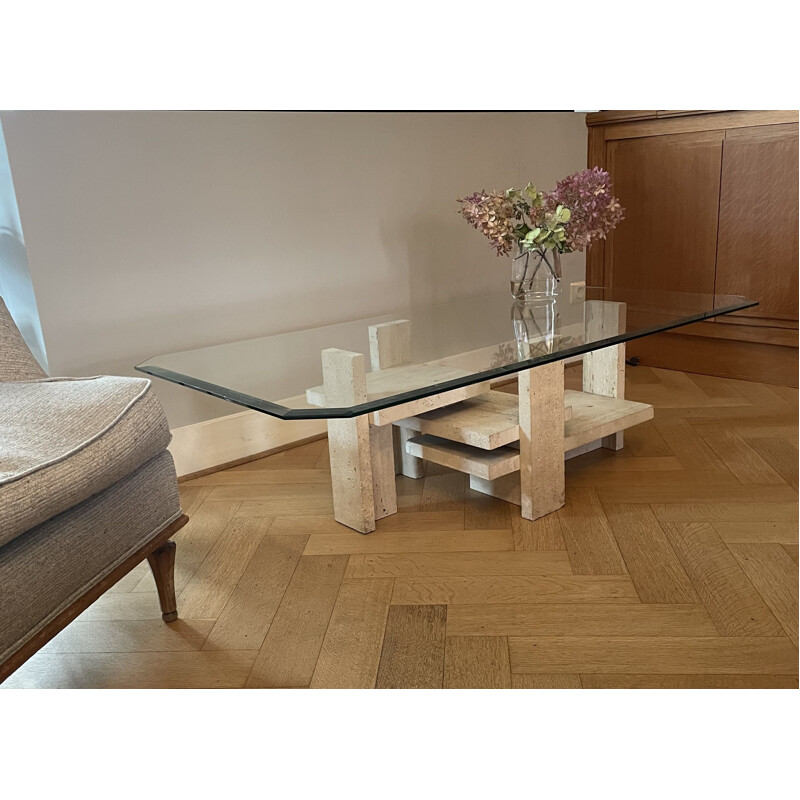 Vintage brutalist travertine coffee table by Willy Ballez, Belgium 1970