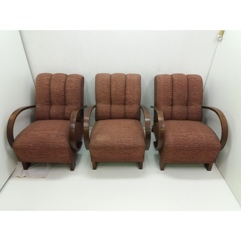 Set of 3 Art deco vintage Halabala armchairs by U.P. Race Brno, Czechoslovakia 1930s