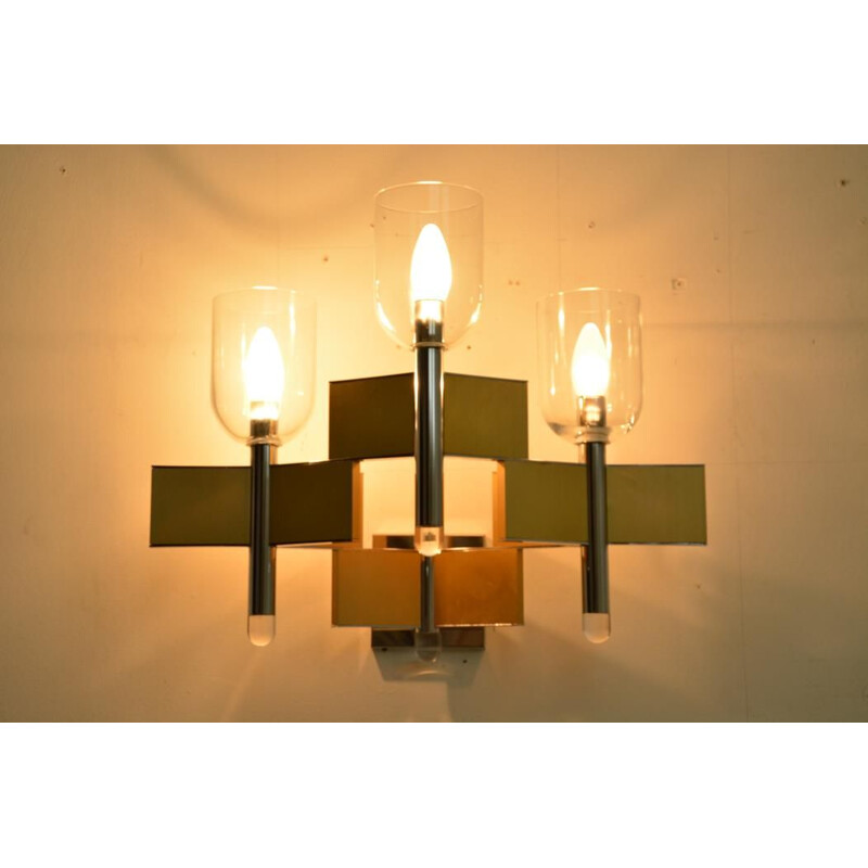 Vintage 3-lichts metalen en glazen wandlamp van Gaetano Scoiolari, 1970