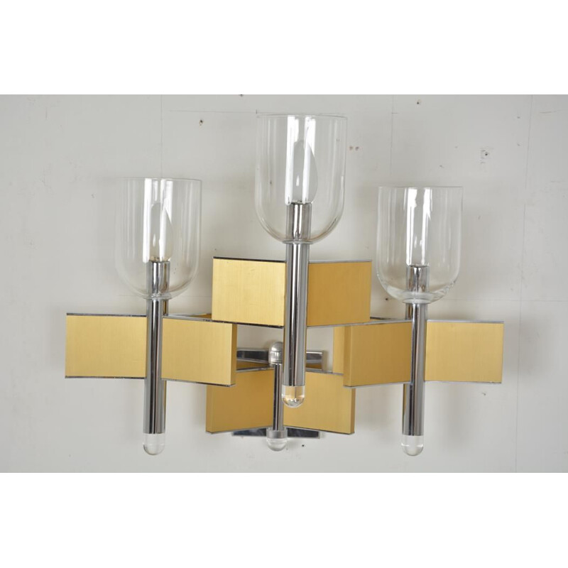 Vintage 3-lichts metalen en glazen wandlamp van Gaetano Scoiolari, 1970