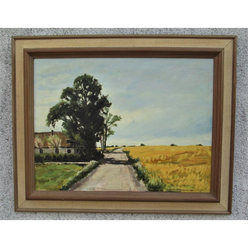 Peinture vintage de paysage en technique à l'huile sur toile, Suède 1980