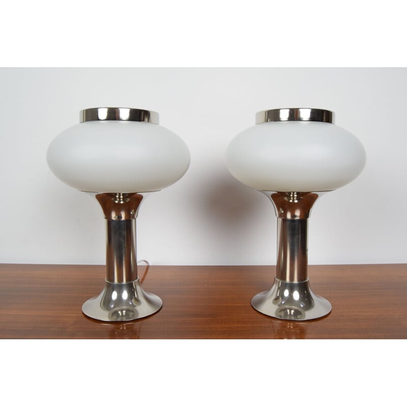 Pair of vintage chrome and milk glass table lamps, Germany 1960s