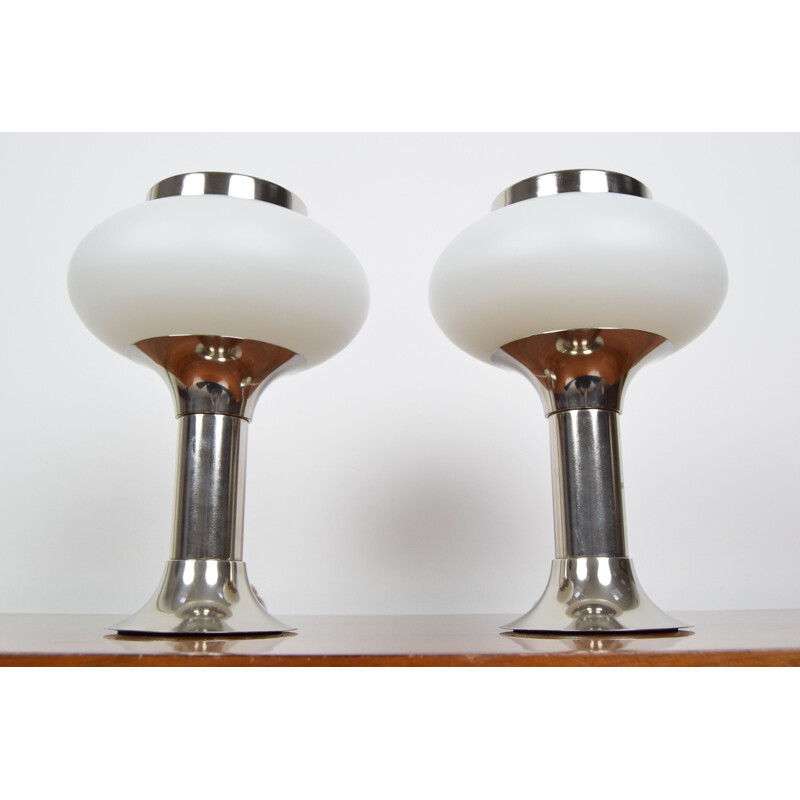 Pair of vintage chrome and milk glass table lamps, Germany 1960s
