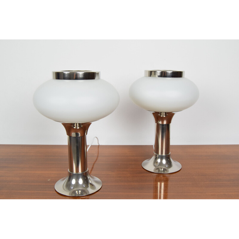 Pair of vintage chrome and milk glass table lamps, Germany 1960s