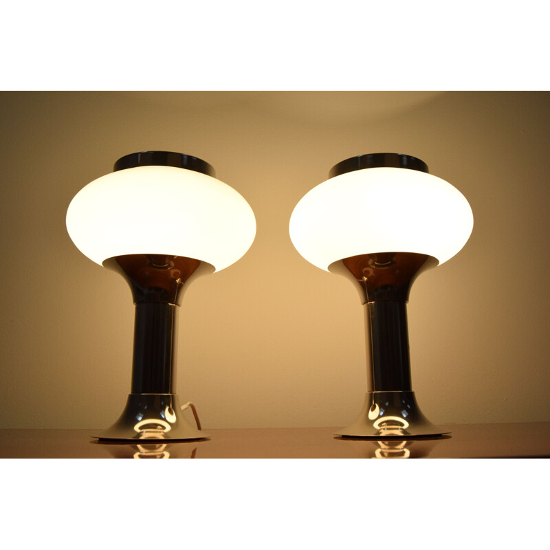 Pair of vintage chrome and milk glass table lamps, Germany 1960s