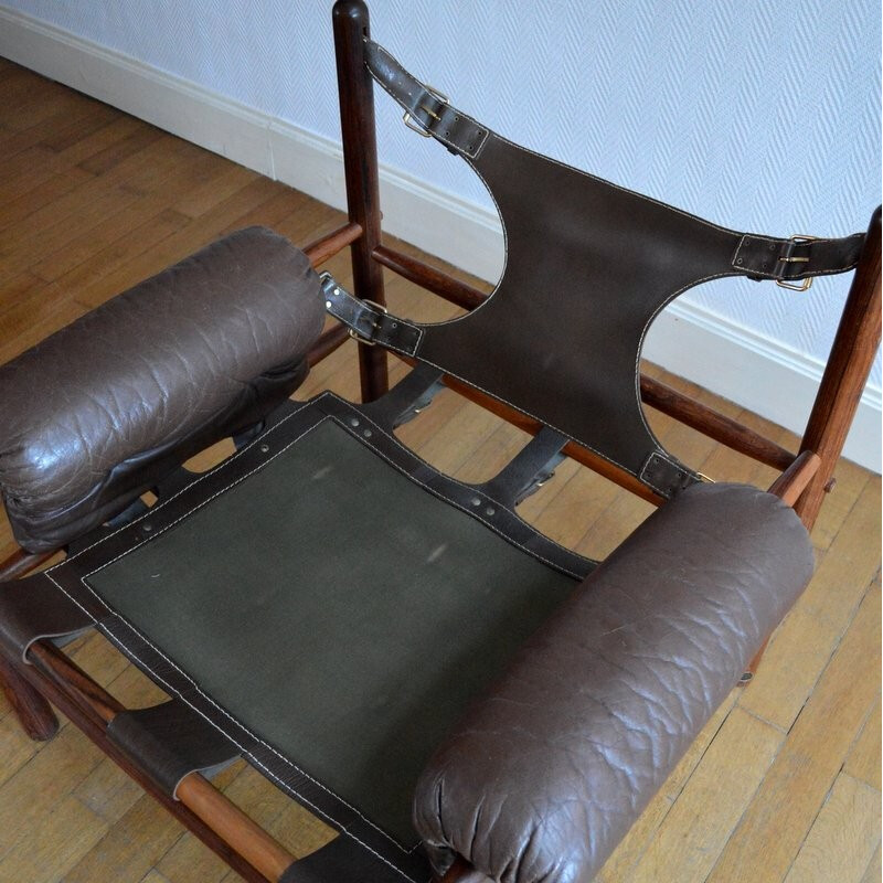 Fauteuil scandinave en palissandre et cuir, Arne NORELL - 1950