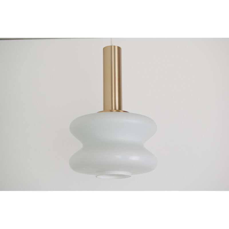 Vintage milk glass and copper pendant lamp, Czechoslovakia 1960