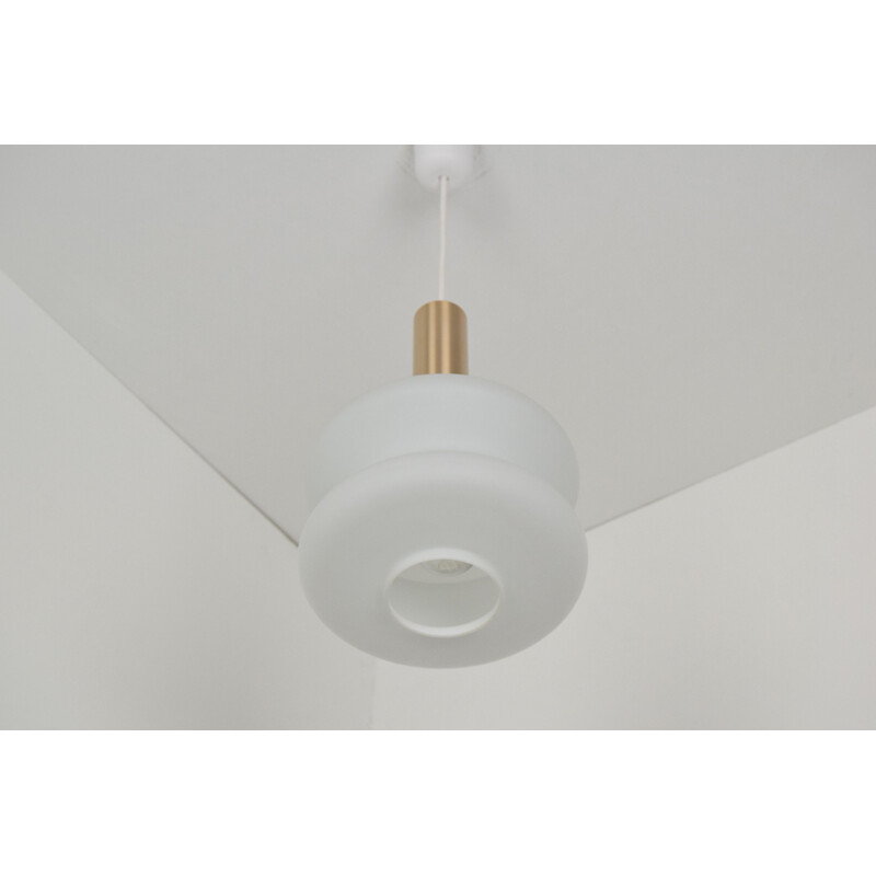 Vintage milk glass and copper pendant lamp, Czechoslovakia 1960