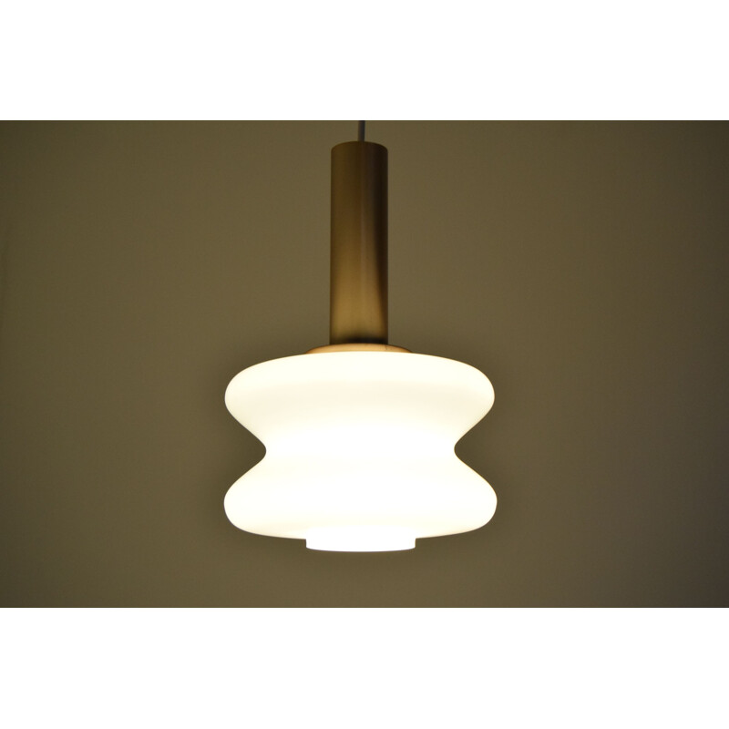 Vintage milk glass and copper pendant lamp, Czechoslovakia 1960