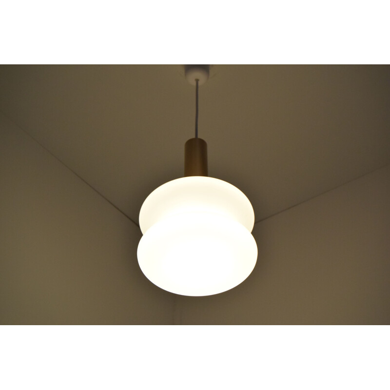 Vintage milk glass and copper pendant lamp, Czechoslovakia 1960