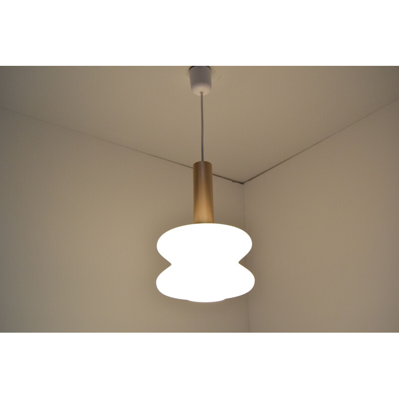 Vintage milk glass and copper pendant lamp, Czechoslovakia 1960