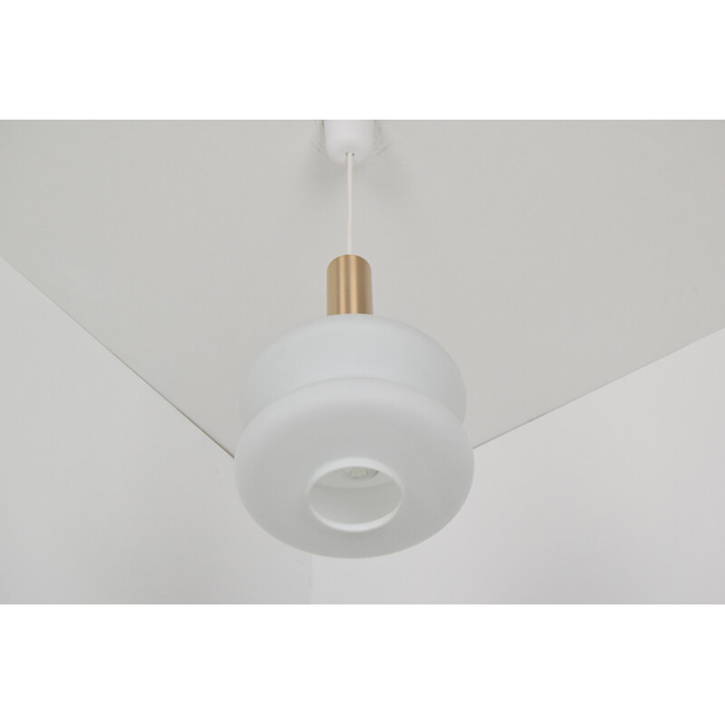 Vintage milk glass and copper pendant lamp, Czechoslovakia 1960