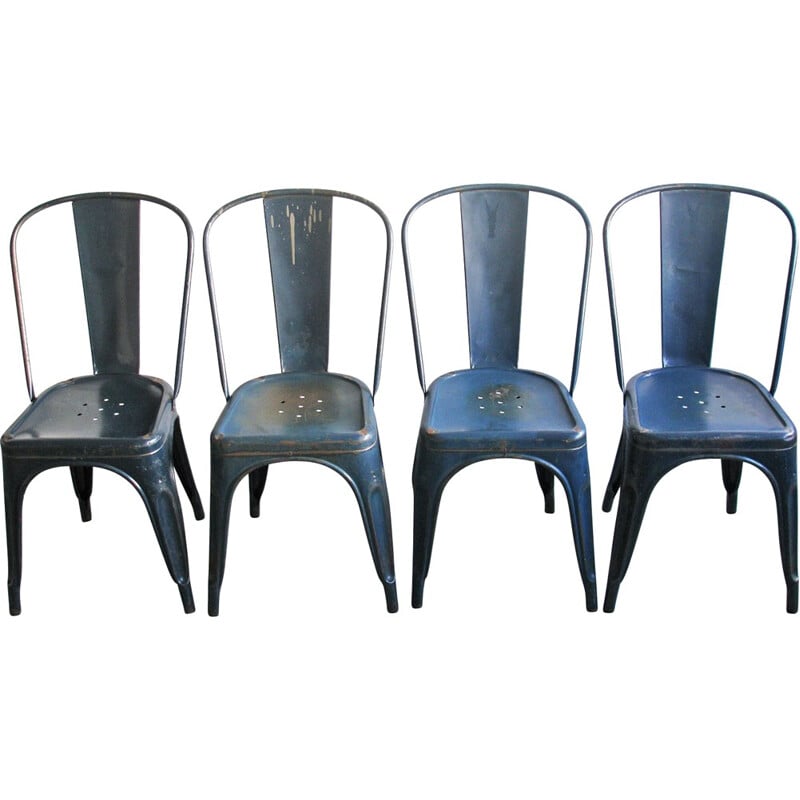 Ensemble de 4 chaises en métal bleu Tolix, Xavier PAUCHARD - 1940