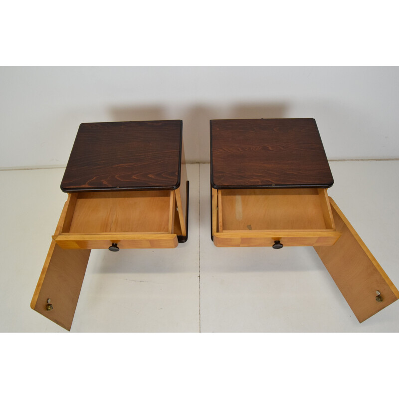 Pair of vintage wooden bedside tables, Czechoslovakia 1960