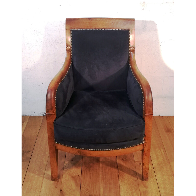 Koningsblauw fluweel en gesneden mahonie fauteuil