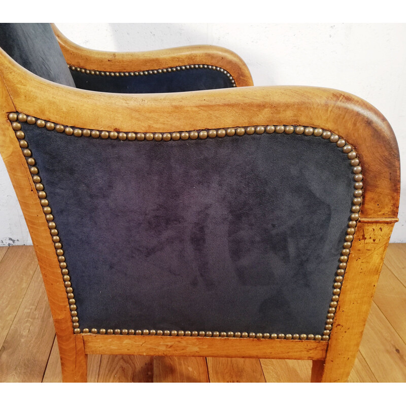 Vintage Bergerie Sessel in königsblauem Samt und geschnitztem Mahagoniholz