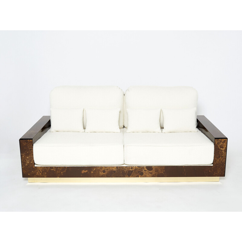 Vintage latão e sofá de lã encaracolado por Jansen, 1970