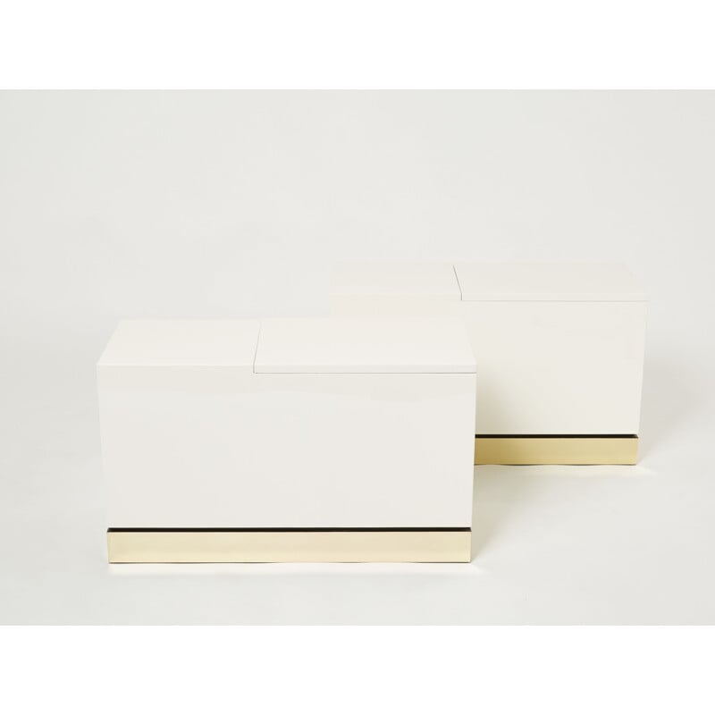Pair of vintage white lacquered brass side tables by Jean-Claude Mahey for Romeo, France 1970
